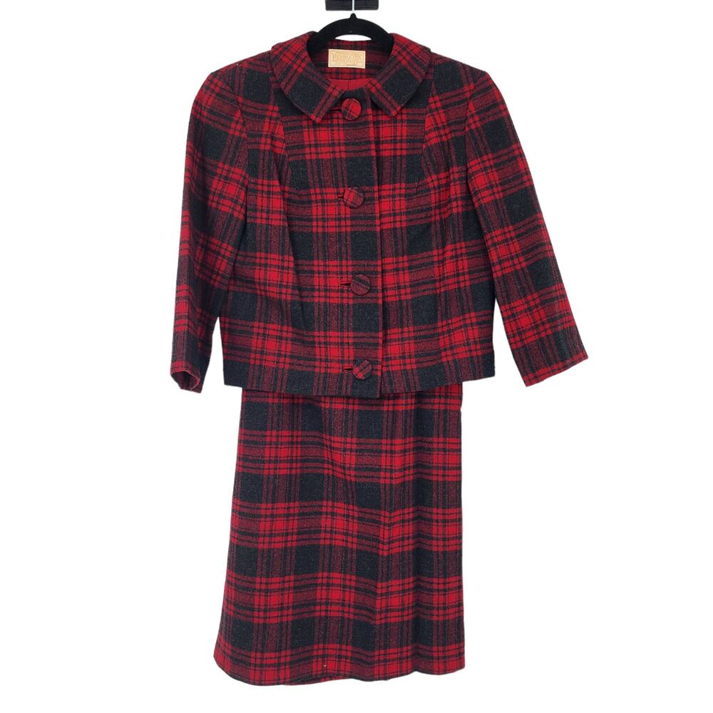 Pendleton Buffalo Red Plaid Virgin Wool Button Closure Blazer Skirt Set Size 8